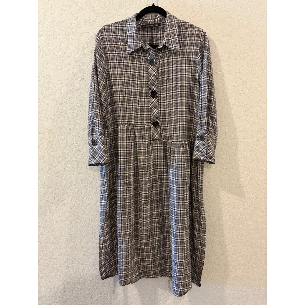Zara Basic Black Cream White Plaid Dropped Waist Midi Shirt Dress XL